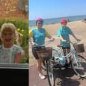 A 12-year-old has taken on a charity bike ride in memory of her grandad who died after being diagnosed with bowel cancer in 2020.
Photo (left to right) Phoebe with her grandad and the second image is Phoebe with her mum Claire in the middle of the charity ride.