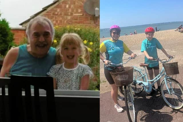A 12-year-old has taken on a charity bike ride in memory of her grandad who died after being diagnosed with bowel cancer in 2020.
Photo (left to right) Phoebe with her grandad and the second image is Phoebe with her mum Claire in the middle of the charity ride.