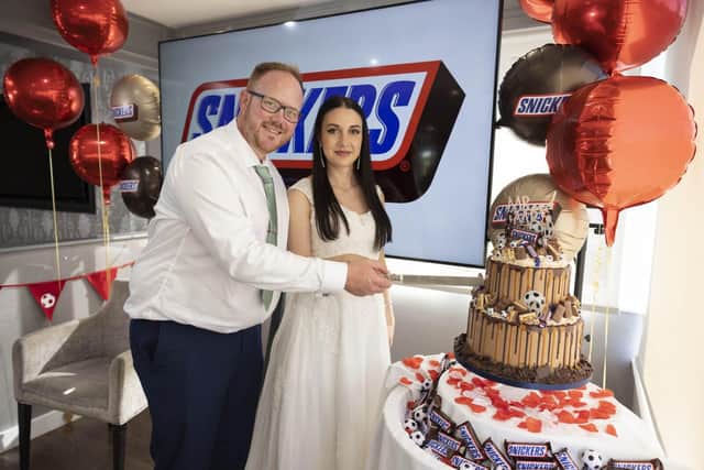 Fareham couple Nicoletta and Thomas Barr, winners of the Snickers Own Goal Wedding