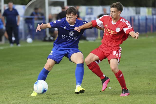 Tommy Scutt, left, was on target for Baffins as they crashed out on the FA Vase on penalties. Image: Simon Hill Photography.
