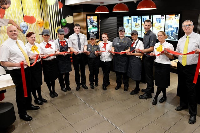 Staff celebrate the opening of High Street, Sunderland McDonalds after undergoing a refit in 2017.