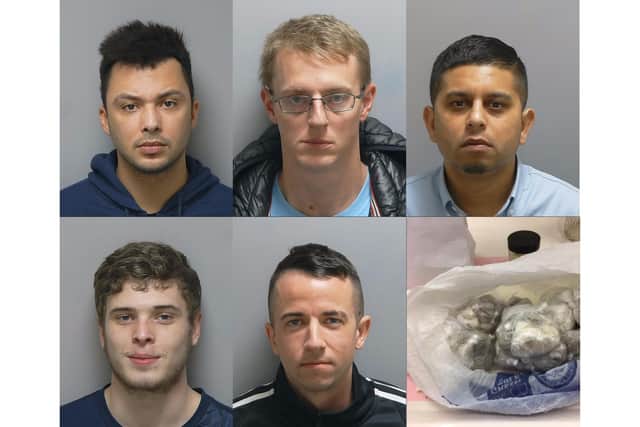 Members of the Essex Boys gang have been jailed for dealing crack cocaine and heroin in Gosport. Top row, from left - Jacob James, John Parham, Rayhaan Hoque. Bottom, from left, Lance Burt, Luke Goldsmith, and drugs seized by police