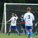 Clanfield's Jacob Mulligan, left, celebrates after putting his side 3-0 up at Paulsgrove. Picture: Chris Moorhouse (jpns 150122-42)