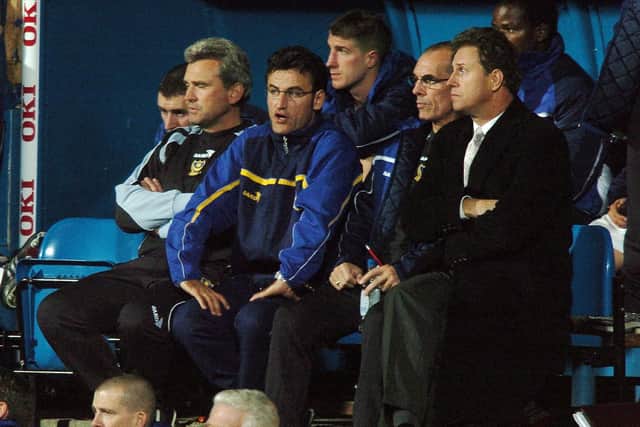 Christophe Galtier pictured on Pompey's bench alongside Joe Jordan and Alain Perrin in his time at Fratton Park. Picture: Matt Scott-Joynt