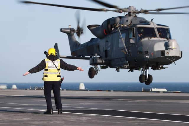 The new Wildcat Commando helicopter landing on HMS Queen Elizabeth. Photo: Royal Navy