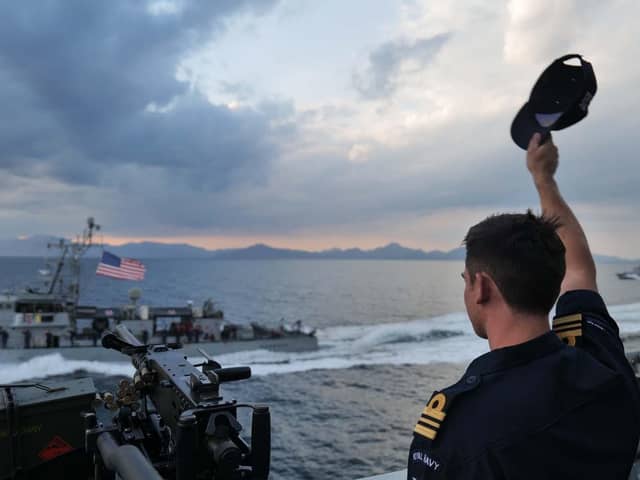 HMS Lancaster escorting USS Chinook and Monsoon.