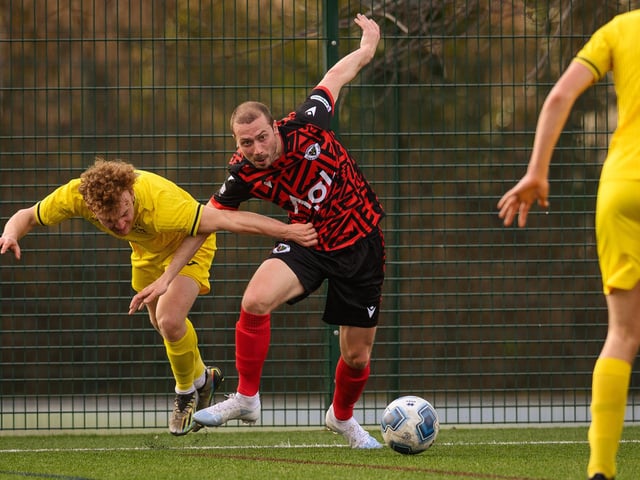 Action from Harvest's 4-1 win at home to Locks Heath (red and black kit) in the Hampshire Premier League. Picture: Keith Woodland (180321-454)