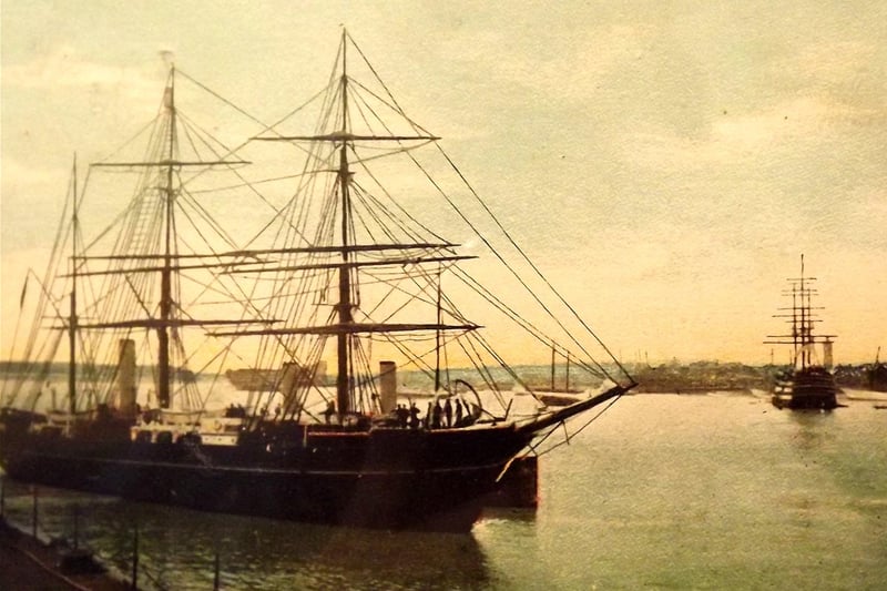 The barque-rigged Discovery in Portsmouth harbour Possibly taken in 1923 after refitting at Vospers yard were we see the RRS Discovery. She was a barque-rigged auxiliary steamship built for Antarctic research. Launched in 1901, she was the last traditional wooden three-masted ship to be built in the United Kingdom