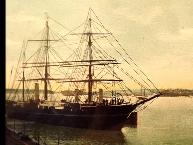 The barque-rigged Discovery in Portsmouth harbour Possibly taken in 1923 after refitting at Vospers yard were we see the RRS Discovery. She was a barque-rigged auxiliary steamship built for Antarctic research. Launched in 1901, she was the last traditional wooden three-masted ship to be built in the United Kingdom