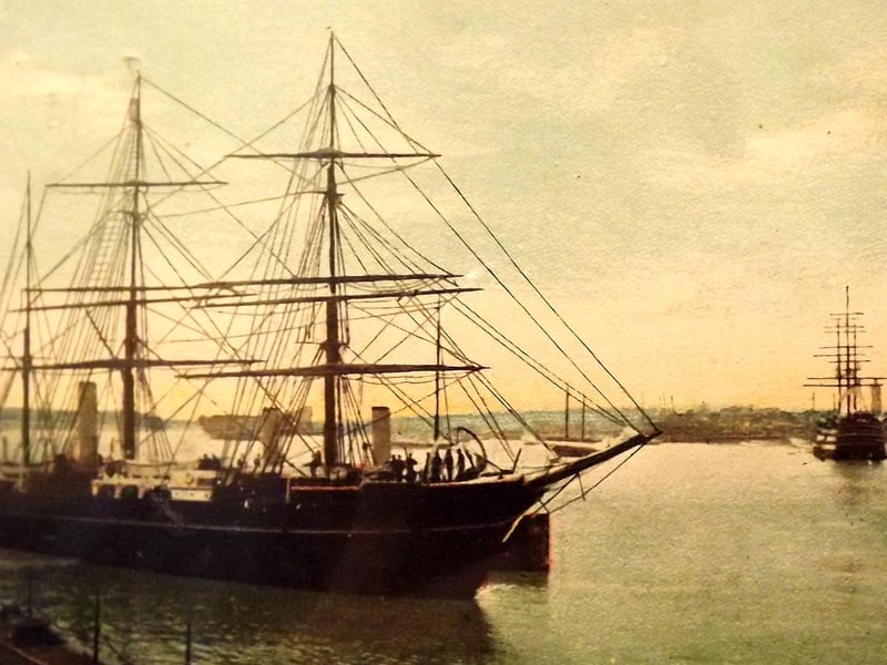 The barque-rigged Discovery in Portsmouth harbour Possibly taken in 1923 after refitting at Vospers yard were we see the RRS Discovery. She was a barque-rigged auxiliary steamship built for Antarctic research. Launched in 1901, she was the last traditional wooden three-masted ship to be built in the United Kingdom