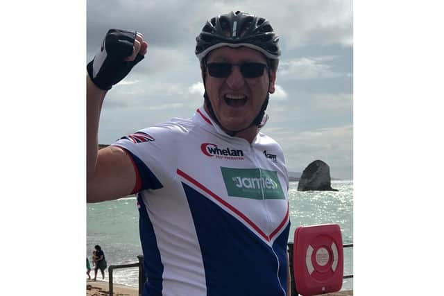 Sean Whelan from Whiteley took on a 300-mile cycle ride for homelessness charity Society of St James. Pictured: Sean celebrating