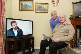 Janet Thorpe, 55, with her dad Sydney Gill, 85 who has dementia and was mis-sold a top-end Virgin Media TV and internet after ignoring warnings of his condition. Picture: Sarah Standing (280220-9110)