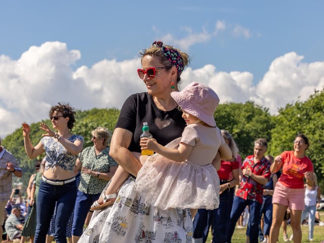 Two for tango among the many people dancing to the Jive Aces at the Bandstand. Picture: Mike Cooter (210724)