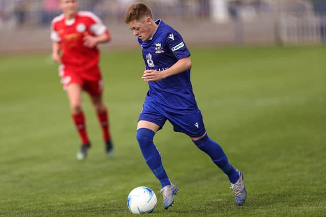 Callum Dart on the ball for Baffins Milton Rovers against Portland. Picture: Chris Moorhouse