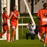 Brett Pitman celebrates one of his two first-half goals. Picture: Keith Woodland