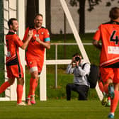 Brett Pitman celebrates one of his two first-half goals. Picture: Keith Woodland