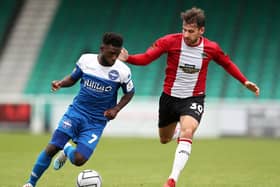 New Hawks signing Abdulai Baggie, left, in action for Eastleigh last season. Photo by Naomi Baker/Getty Images.