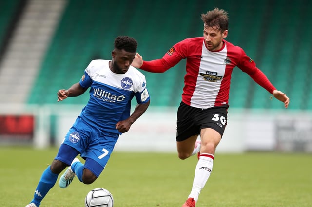 New Hawks signing Abdulai Baggie, left, in action for Eastleigh last season. Photo by Naomi Baker/Getty Images.