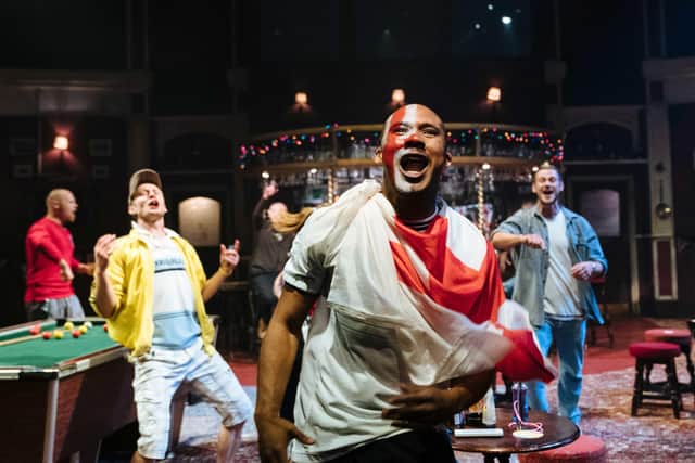 Sing Yer Heart Out For The Lads at Minerva Theatre, Chichester. Samuel Armfield, Makir Ahmed and Rob Compton. Photo by Helen Murray