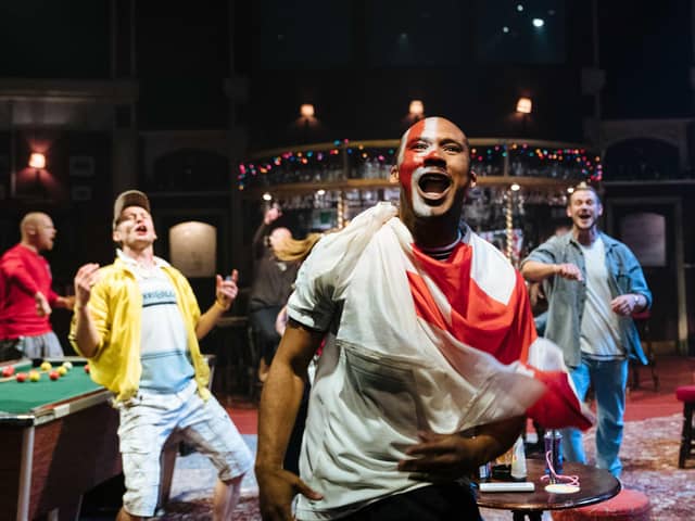 Sing Yer Heart Out For The Lads at Minerva Theatre, Chichester. Samuel Armfield, Makir Ahmed and Rob Compton. Photo by Helen Murray