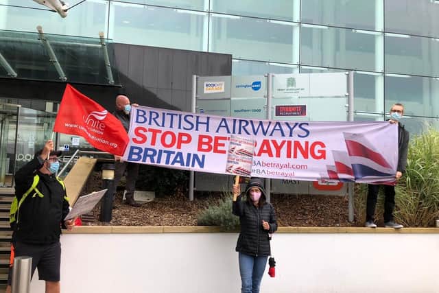 Campaigners outside the Lakeside business park in North Harbour in a protest over job cuts at British Airways