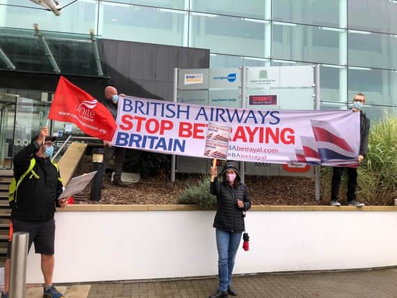 Campaigners outside the Lakeside business park in North Harbour in a protest over job cuts at British Airways