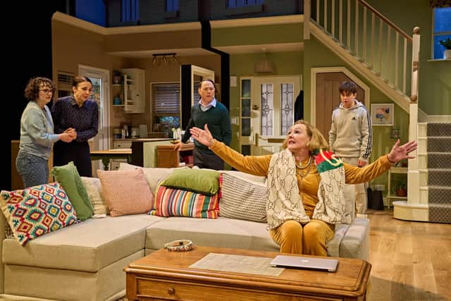 Maddie Holliday (as Rosie), Amanda Abbington (as Debbie), Reece Shearsmith (as Peter), Frances Barber (Elsa) & Gabriel Howell (Alex) in The Unfriend at Chichester Festival Theatre. Photo by Manuel Harlan