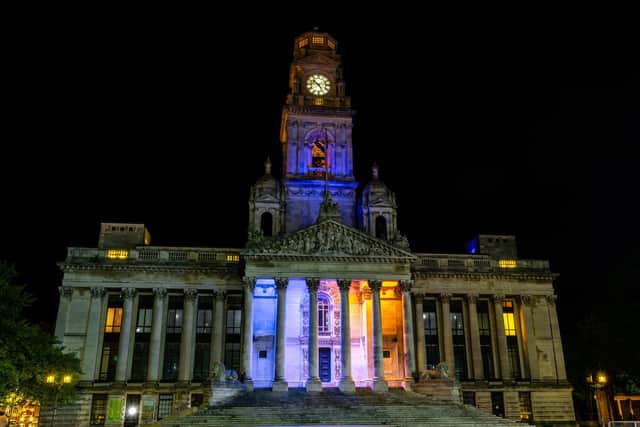Portsmouth Guildhall lit up for Foster Care Fortnight.