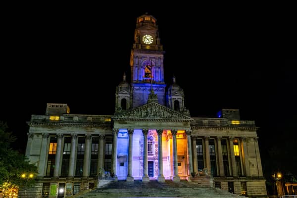 Portsmouth Guildhall lit up for Foster Care Fortnight.