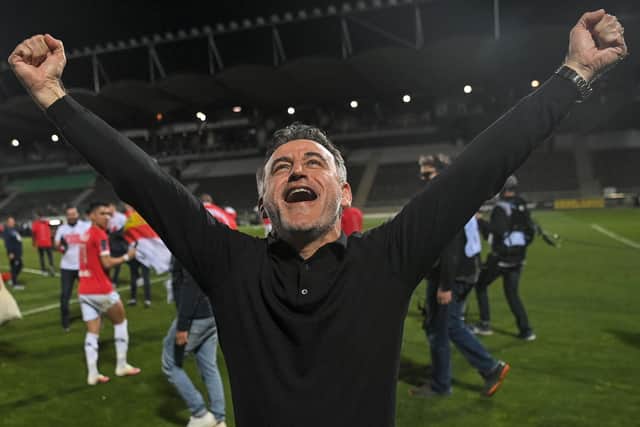 Christophe Galtier celebrates Lille claimed the Ligue 1 title. Picture: LOIC VENANCE/AFP via Getty Images)