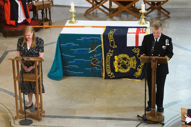 Pictured is: Annelise Speller reading from the gospel in Spanish and then in English by her Father, Lt Cdr Nicholas Speller RN, who served on HMS Courageous during the conflict. Picture: Keith Woodland (190621-446)