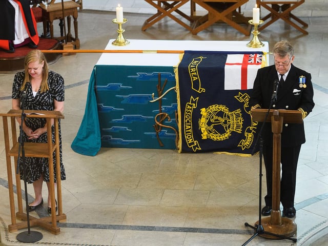 Pictured is: Annelise Speller reading from the gospel in Spanish and then in English by her Father, Lt Cdr Nicholas Speller RN, who served on HMS Courageous during the conflict. Picture: Keith Woodland (190621-446)
