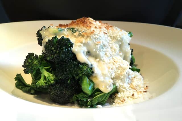 Sprouting broccoli with Isle of Wight blue cheese sauce.