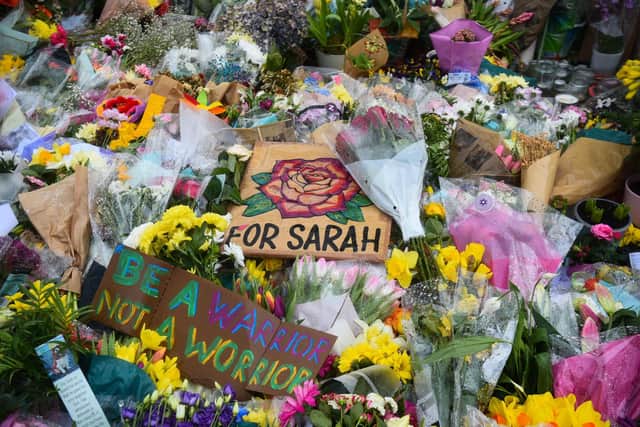 Floral tributes left next to the bandstand in Clapham Common, London, for Sarah Everard. Pc Wayne Couzens, 48, appeared at the Old Bailey in London charged with the kidnap and murder of the 33-year-old. Picture date: Tuesday March 16, 2021. Picture: Kirsty O'Connor/PA Wire