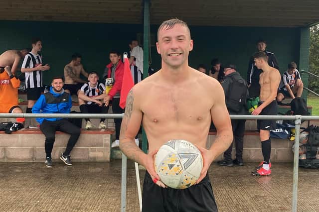 Toby Wilson with the match ball after his hat-trick of headers in a 9-2 Hampshire Premier League win for Hayling at Sway.