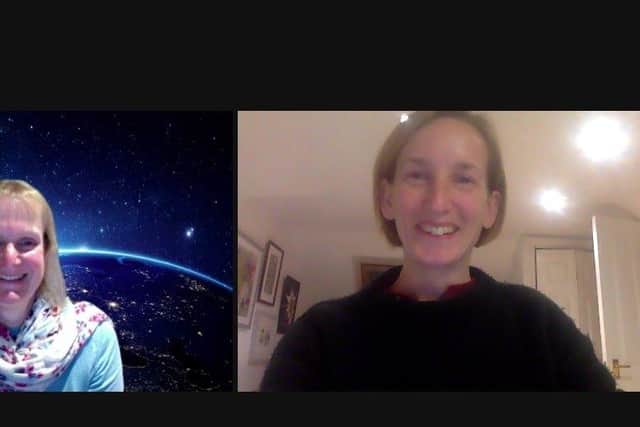 Veronica Dunne and Bryony Whitmarsh, co-chairwomen of Friends Without Border, having a planning meeting about distributing food hampers from the Kings Church foodbank and vouchers from the Comfort and Joy campaign
