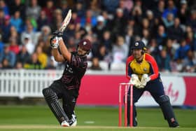 Rilee Rossouw in T20 Blast batting action for Somerset against Essex yesterday. Photo by Harry Trump/Getty Images