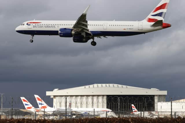 A livestream showing planes struggling to land at Heathrow Airport due to Storm Eunice goes viral. Stock Picture: ADRIAN DENNIS/AFP via Getty Images.
