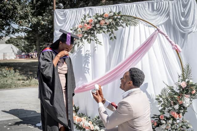 Doyinsola Moses Akintioye proposed to Deborah Kabongo at her University of Portsmouth graduation ceremony on Friday. Picture: Damilola Adekanmbi.