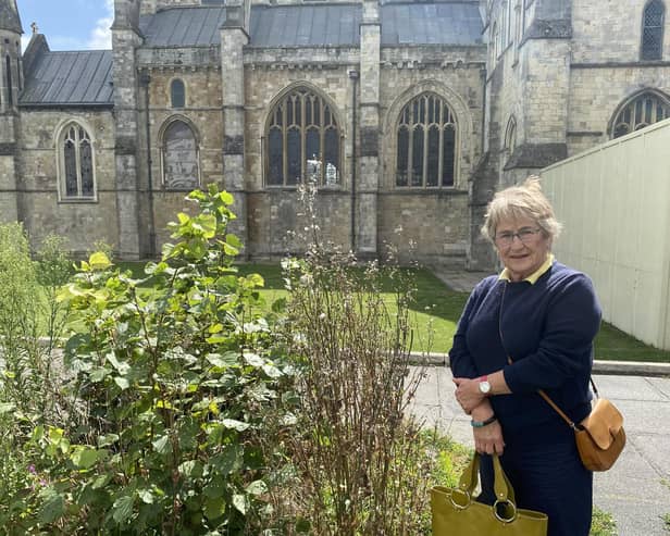 Cllr Sarah Quail and the weeds outside Chichester Cathedral