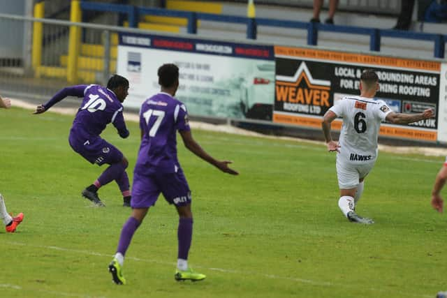 Darren McQueen fires Dartford's equaliser. Pic: Dave Haines.