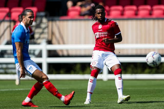 Former triallist Sam Habergham can't stop Kasey Palmer scoring in Pompey's 3-3 draw at Bristol City. Picture: Rogan/JMP