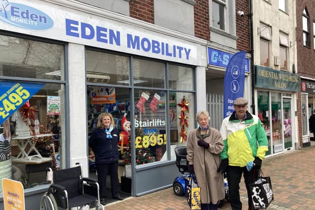 Steph Humphrey, store manger at Eden Mobility, in High Street Gosport, was at her store's front door talking to Sheila Baker, 76, and Malcolm Allen, 68, from Fortune House.