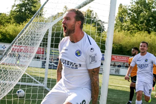 Danny Kedwell celebrates after scoring with his first touch in Hawks' 2-2 draw at Maidstone last September. Draw. Photo By Kieron Louloudis