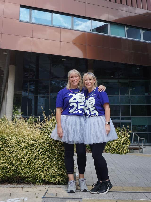 Researcher, Andrea (left) outside the Southampton Clinical Trials Unit where she heads up cancer clinical trials. Pictured with sister Lindsey,