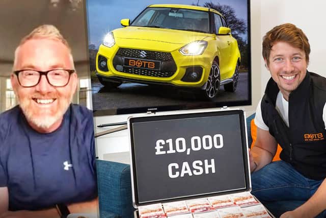 Havant driving instructor John Jeffery, left, won a Suzuki Swift Sport worth £18,500 plus £10,000 cash from a BOTB competition, presented by Christian Williams, right