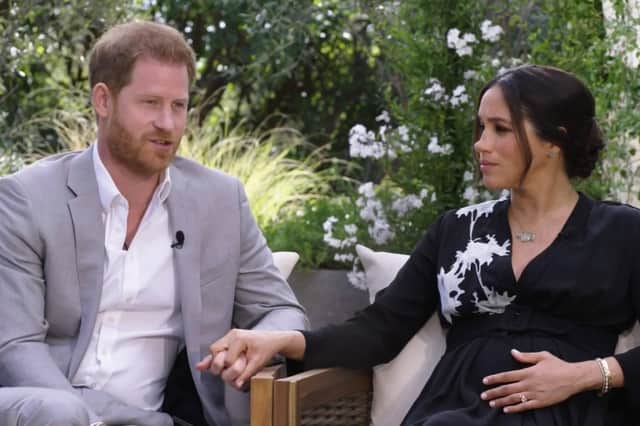 Screen grab photo supplied by ITV Hub courtesy of Harpo Productions/CBS showing the Duke and Duchess of Sussex during their interview with Oprah Winfrey which was broadcast in the US on March 7 and in the UK on March 8. Issue date: Monday March 8, 2021.