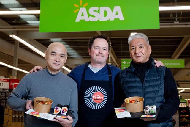 Panku Founder, Neil Nugent is joined by Michelin-starred chefs Naoki Hoshino and Kyoichi Kai to launch the streetfood brand Panku in Asda stores. Picture: Andrew Fosker/PinPep