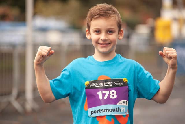 One of the young competitors flexes before taking part in Saturday's Great South Run Junior and Mini events. Photo: Gary Tiller