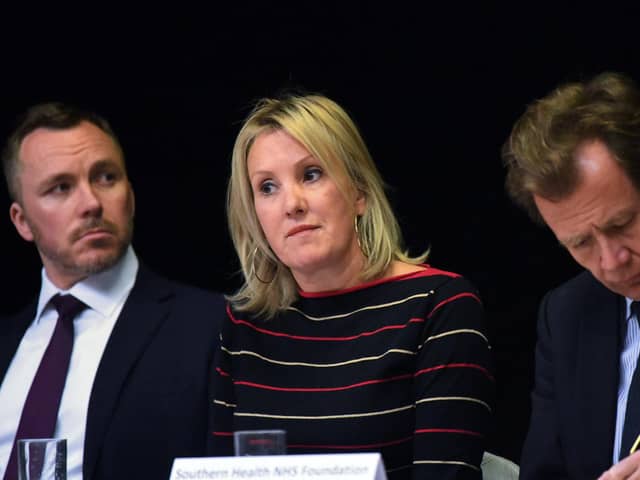 Caroline Dinenage, who has been sacked as a minister, pictured at a health forum meeting with Mark Cubbon, left, and Nick Broughton for Southern Health NHS Foundation Trust, right.
Picture: Malcolm Wells (190517-7252)